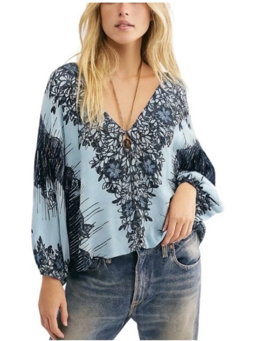 Free People Birds of a Feather Printed Blouse Blue Boho Oversized Top Small